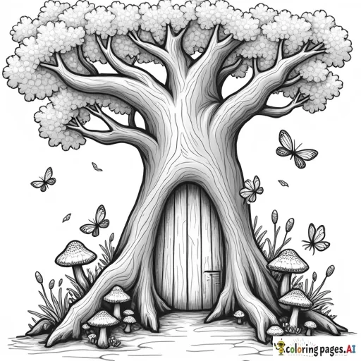 create a coco wyo inspired coloring page A magical tree with a door at its base, surrounded by mushrooms, vines, and tiny glowing fairies with intricate wings.