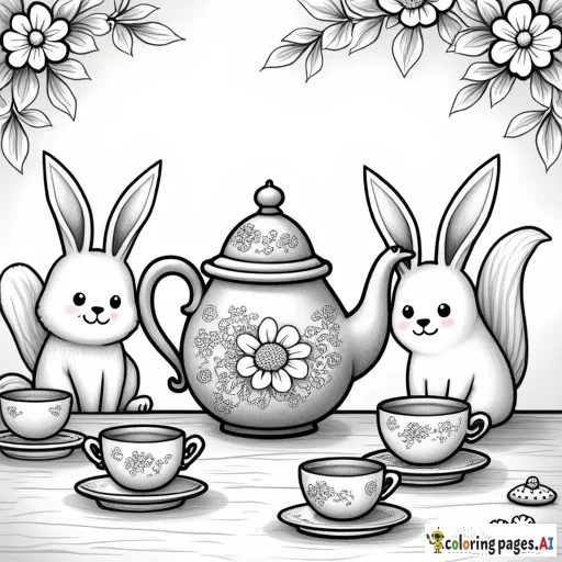 create a coco wyo inspired coloring page A table with teacups, a teapot adorned with floral designs, and small desserts like cupcakes and cookies, surrounded by smiling animals like bunnies and squirrels.