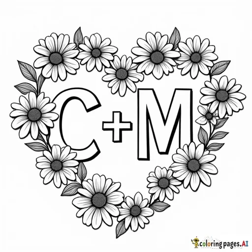 Create a coloring book cover that says “C + M” and has flowers and hearts on it