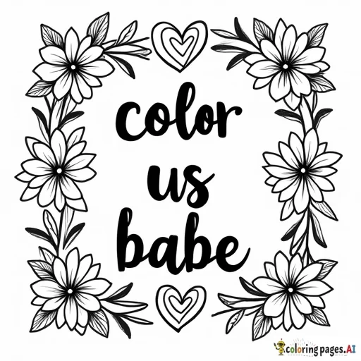 Create a coloring book cover that says “color us babe” and has flowers and hearts on it