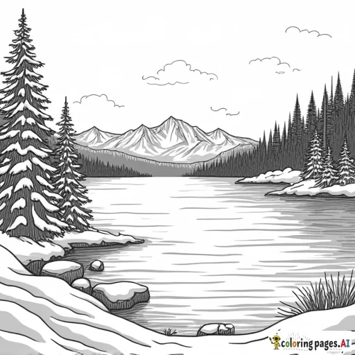 create a coloring book page of lake taho at christmas