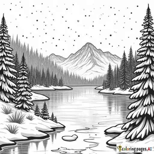 create a coloring book page of lake taho at christmas now give it snow
