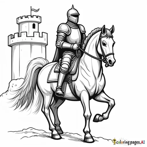 create a coloring page of a knight in full armor riding a horse with a castle behind him and do it very detailed
