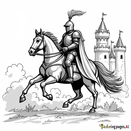 create a coloring page of a knight in full armor riding a horse with a castle behind him and do it very detailed in the castle and also the knight, really detailed with no grey zones