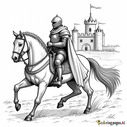 create a coloring page of a knight in full armor riding a horse with a castle behind him