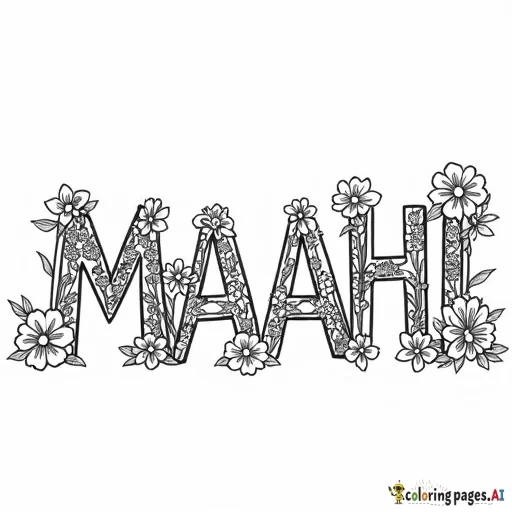 create a coloring page that says "MAAHI" with flowers