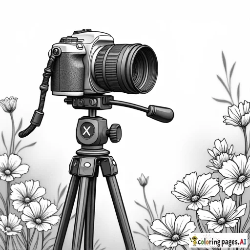 create a coloring page with a camera on a tripod and flowers in the background