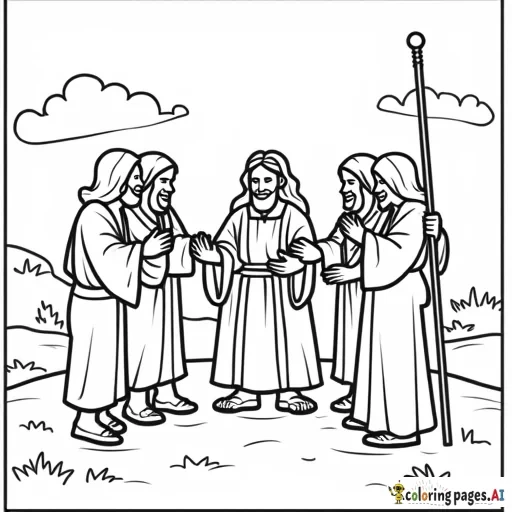 create a coloring picture for preschoolers of jesus healing the the 10 sick men in a cartoon style