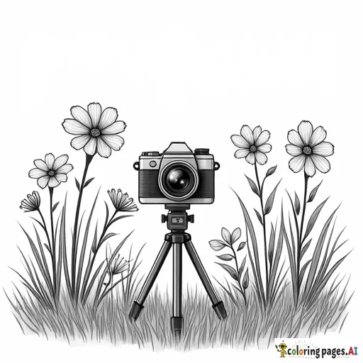create a colring page with a camera on a tripod and flowers in the background