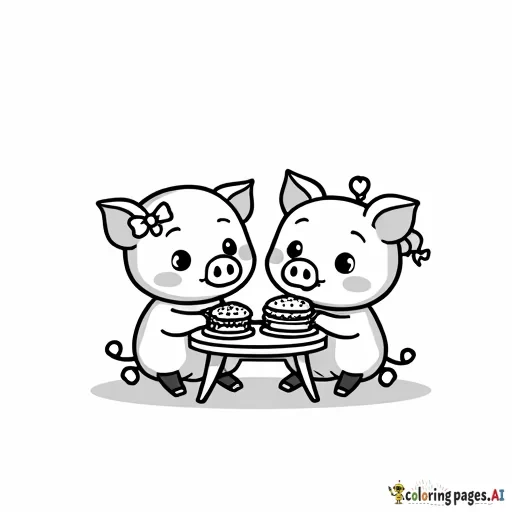 Create a cute and simple cartoon-style image of two pigs, one boy and one girl, sitting at a small table together. The girl pig has a bow and is eating fries, while the boy pig is eating a burger. The design should be clean and straightforward, with no intricate details or background clutter. Make it playful and girly, focusing on clear lines suitable for coloring.