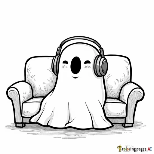 Create a cute cozy simple image of a cartoon-like ghost wearing headphones, sitting on a couch in a cozy living room with furntire