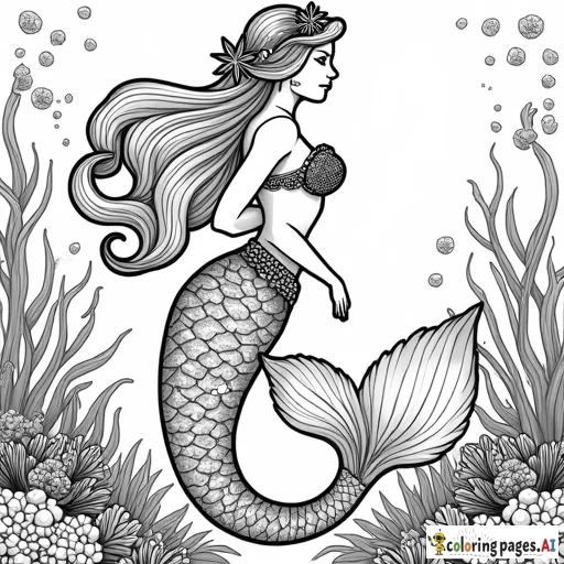 "Create a detailed black-and-white coloring page featuring elegant mermaids with flowing hair, intricate seashell accessories, and underwater elements like coral, fish, and bubbles. Use thin, delicate lines for a refined look."