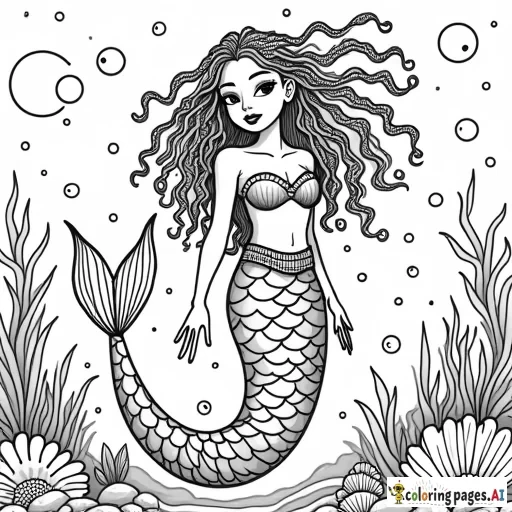 Create a detailed coloring book illustration of a cute African American female mermaid. She should have vibrant, lively features and shells intertwined in her hair, with bubbles surrounding her body. The design must include intricate patterns and shapes to enhance the coloring experience, making it suitable for both children and adults. The mermaid's tail should be elegantly represented, and the underwater scene can incorporate coral and marine elements to enrich the background. The final image must be colorless, resembling a blank coloring book page.