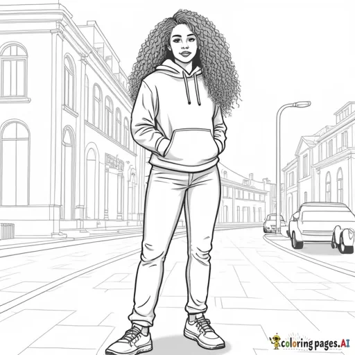 Create a full-body coloring sheet of an African American woman with long, curly hair, standing in an outdoor environment. She should be wearing a fall hoodie, jeans, and sneakers. The outlines should be simple and clean, with no intricate details. The interior of the woman, her clothing, and the background should be left completely white, with clear spaces for easy coloring. The outdoor setting should have urban streets and also have a white interior, all designed for coloring purposes. everything clear and visible