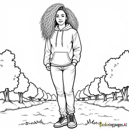 Create a full-body coloring sheet of an African American woman with long, curly hair, standing in an outdoor environment. She should be wearing a fall hoodie, jeans, and sneakers. The outlines should be simple and clean, with no intricate details. The interior of the woman, her clothing, and the background should be left completely white, with clear spaces for easy coloring. The outdoor setting should have trees and grass also have a white interior, all designed for coloring purposes.