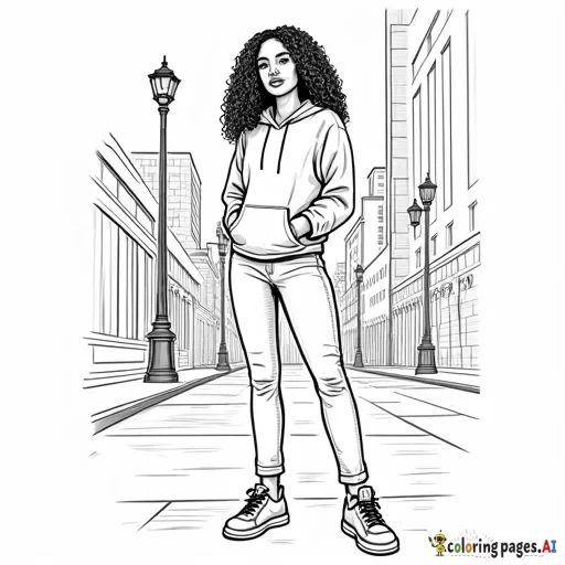 Create a full-body coloring sheet of an African American woman with long, curly hair, standing in an outdoor environment. She should be wearing a fall hoodie, jeans, and sneakers. The outlines should be simple and clean, with no intricate details. The interior of the woman, her clothing, and the background should be left completely white, with clear spaces for easy coloring. The outdoor setting should have new york city streets and also have a white interior, all designed for coloring purposes. everything clear and visible