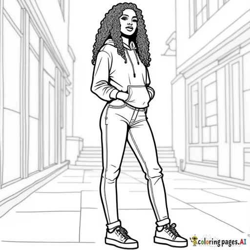Create a full-body coloring sheet of an African American woman with long, curly hair, standing in an outdoor environment. She should be wearing a fall hoodie, jeans, and sneakers. The outlines should be simple and clean, with no intricate details. The interior of the woman, her clothing, and the background should be left completely white, with clear spaces for easy coloring. The outdoor setting should have new york city streets and also have a white interior, all designed for coloring purposes. everything clear and visible