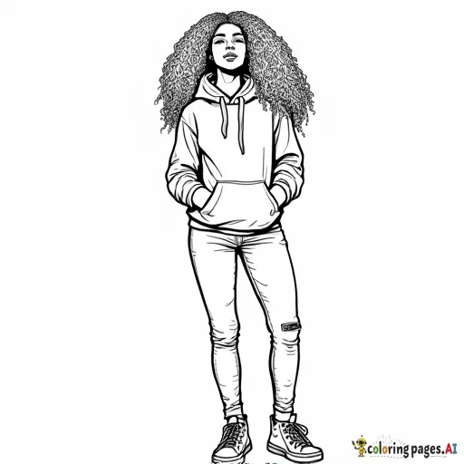 Create a full-body coloring sheet of an African American woman with long, curly hair, standing in an outdoor environment. She should be wearing a fall hoodie, jeans, and sneakers. The outlines should be simple and clean, with no intricate details. The interior of the woman, her clothing, and the background should be left completely white, with clear spaces for easy coloring. The outdoor setting should have urban streets and also have a white interior, all designed for coloring purposes. everything clear and visible