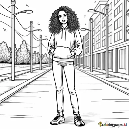 Create a full-body coloring sheet of an African American woman with long, curly hair, standing in an outdoor environment. She should be wearing a fall hoodie, jeans, and sneakers. The outlines should be simple and clean, with no intricate details. The interior of the woman, her clothing, and the background should be left completely white, with clear spaces for easy coloring. The outdoor setting should have urban streets and also have a white interior, all designed for coloring purposes.