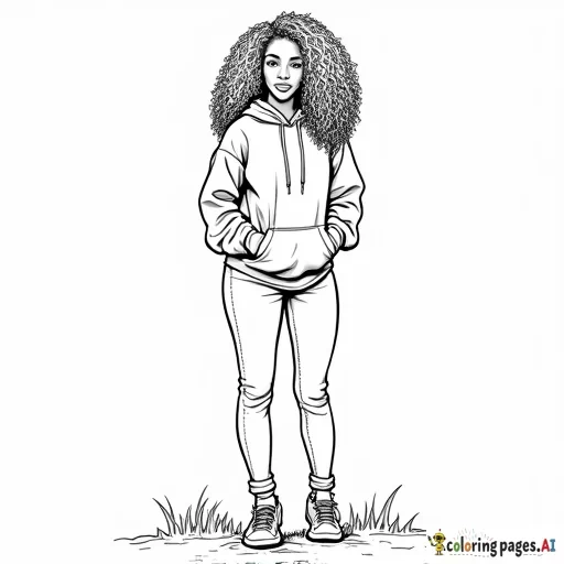 Create a full-body coloring sheet of an African American woman with long, curly hair, standing in an outdoor environment. She should be wearing a fall hoodie, jeans, and sneakers. The outlines should be simple and clean, with no intricate details. The interior of the woman, her clothing, and the background should be left completely white, with clear spaces for easy coloring. The outdoor setting should be minimal and also have a white interior, all designed for coloring purposes.
