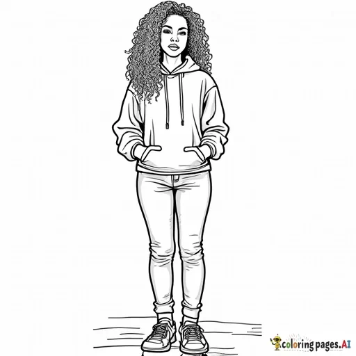 Create a full-body coloring sheet of an African American woman with long, curly hair, standing in an outdoor environment. She should be wearing a fall hoodie, jeans, and sneakers. The outlines should be simple and clean, with no intricate details. The interior of the woman, her clothing, and the background should be left completely white, with clear spaces for easy coloring. The outdoor setting should have urban streets and also have a white interior, all designed for coloring purposes.