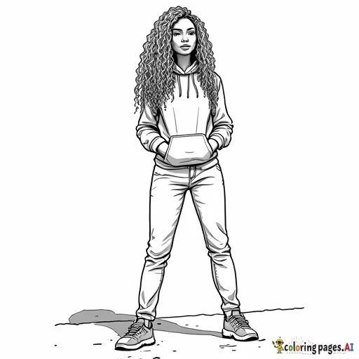 Create a full-body coloring sheet of an African American woman with long, curly hair, standing in an outdoor environment. She should be wearing a fall hoodie, jeans, and sneakers. The outlines should be simple and clean, with no intricate details. The interior of the woman, her clothing, and the background should be left completely white, with clear spaces for easy coloring. The outdoor setting should have urban streets and also have a white interior, all designed for coloring purposes. everything clear and visible