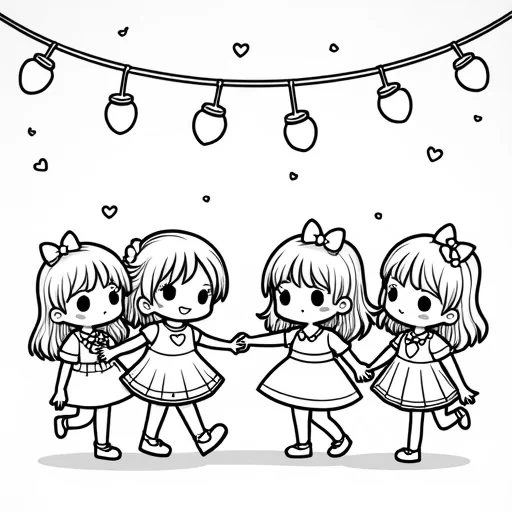 create a Kawaii inspired coloring book image of A group of chibi characters dancing under a string of fairy lights and heart garlands. Include a variety of outfits like dresses, bow ties, and accessories with heart motifs.
