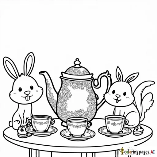 create a kids easy coloring page A table with teacups, a teapot adorned with floral designs, and small desserts like cupcakes and cookies, surrounded by smiling animals like bunnies and squirrels.