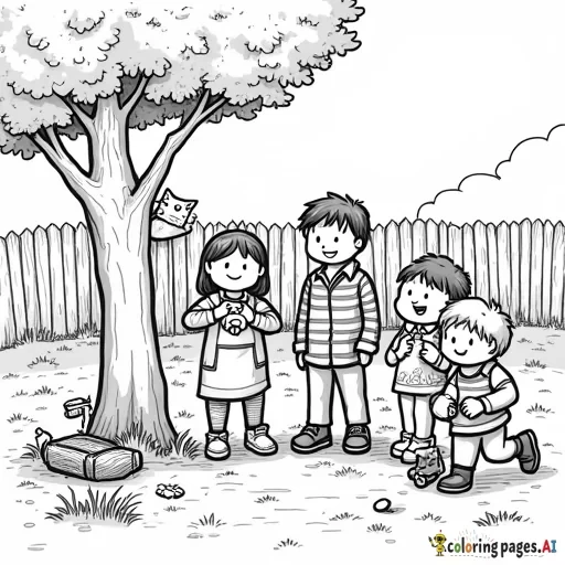 Create a playful and detailed coloring page featuring all six Herdman children from The Best Christmas Pageant Ever in an outdoor setting. Each child should look mischievous and be engaged in activities that match their personalities: one could be climbing a tree, another sneaking candy from a pocket, another with a slingshot ready, one holding a stray cat, one making faces at a sibling, and another starting a small (but harmless) prank like tipping over a bucket of water. The background should include simple outdoor elements like grass, a fence, and scattered toys or objects. Use bold outlines to make it easy for coloring, and keep the style fun and lively