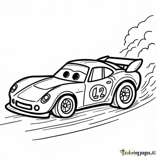 "Create a simple, fun race car coloring sheet for a 5-year-old. The race car should have bold, thick lines and be cartoonish in style, with oversized wheels and bright, playful details. These race cars should be on a track"