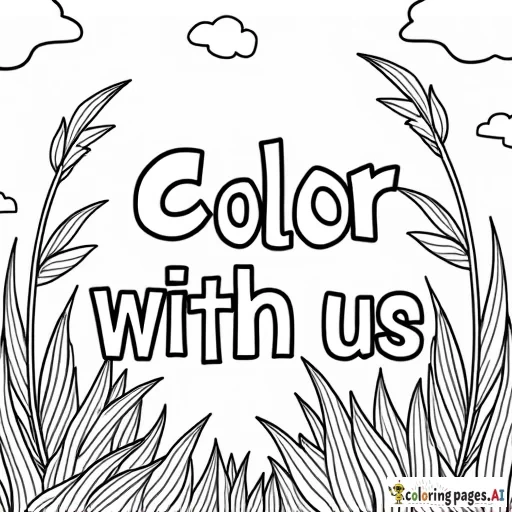 Create a welcoming coloring page with a title in bubble letters " Color with us"