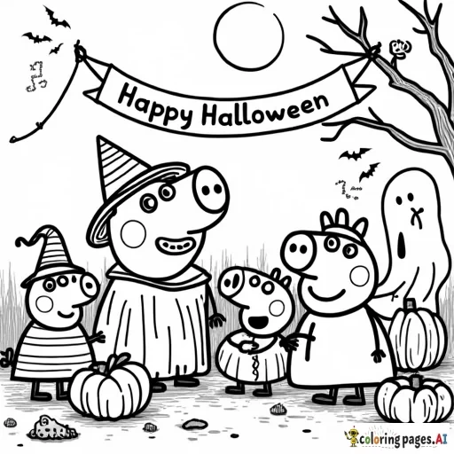 Create a whimsical scene featuring Peppa Pig and her family celebrating Halloween. Include Peppa, George, Mummy Pig, Daddy Pig, Grandpa Pig and Grandma Pig dressed in fun and imaginative costumes, such as a witch, a ghost, a superhero, and a pumpkin. Surround them with festive decorations like carved pumpkins, bats, and cobwebs. Add a banner saying “Happy Halloween” in an inviting font. The background can include a moonlit sky and a spooky tree to enhance the Halloween atmosphere.