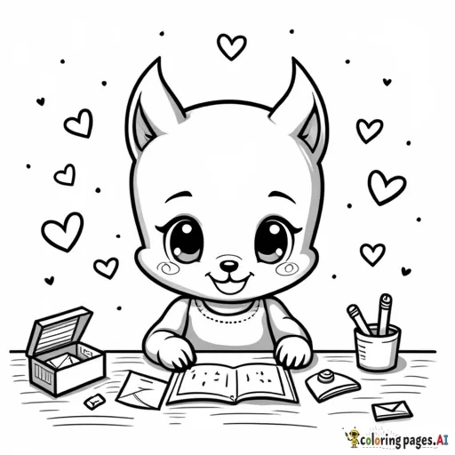 create an coloring book image of  A chibi character (could be a cute animal or child) sitting at a desk writing a Valentine’s letter, surrounded by envelopes, heart stamps, and little love notes floating around.