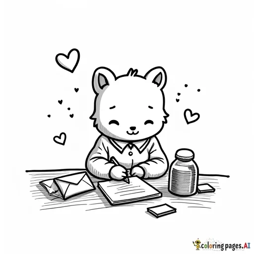 create an coloring book image of  A chibi character (could be a cute animal or child) sitting at a desk writing a Valentine’s letter, surrounded by envelopes, heart stamps, and little love notes floating around.