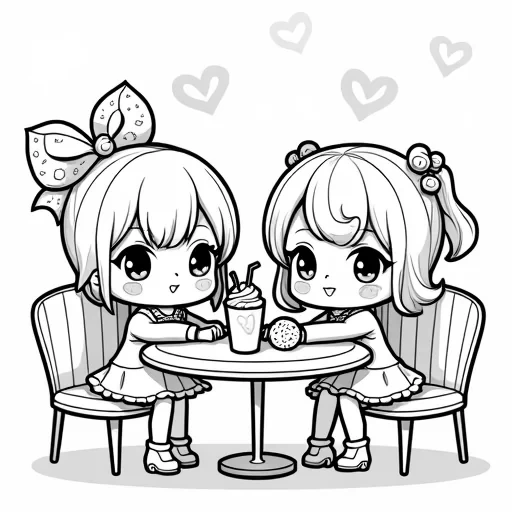 create an coloring book image of Two chibi characters sitting at a café table sharing heart-shaped cookies and a milkshake with two straws. Decorate the scene with kawaii-style cupcakes, donuts, and candy.