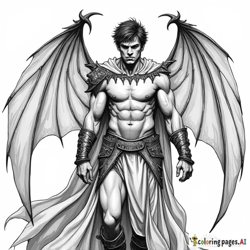 Create an image of a stunningly handsome, muscular man with bat wings, inspired by characters from high fantasy literature. His wings are large, dark, and leathery, with a slight sheen. The man has sharp features: high cheekbones, intense eyes, and a strong jawline. His expression is fierce yet captivating. He wears a warrior's armor with intricate designs and a dark cloak flowing behind him, adorned with runes or mystical symbols. The setting is a dark, enchanted forest or a gothic castle, with dim lighting that highlights his commanding presence. His hair is tousled and dark, and his skin is slightly tanned. There should be an air of mystery and power around him, with a sense of danger yet allure. The overall mood is dramatic and intense, drawing from the atmosphere of epic fantasy worlds