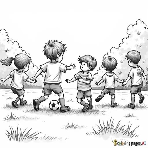 Create an image of multiple kids soccer game with a blank area at center field