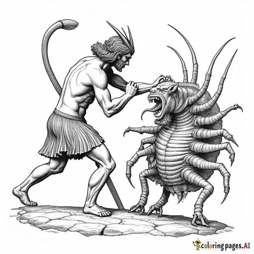 Create an image that is of ancient greek art style like on ancient greek pots of a Minotaur fighting a monstrous centipede it has to have the greek boarders