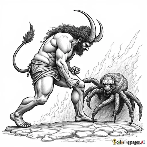 Create an image that is of ancient greek art style like on ancient greek pots of a Minotaur fighting a monstrous centipede