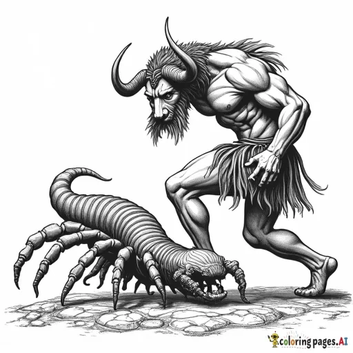 Create an image that is of ancient greek art style like on ancient greek pots of a Minotaur fighting a monstrous centipede