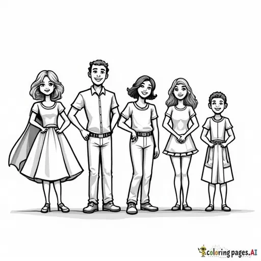 Create an image with 1 grandfather 70 years old, 1 grandmother 70 years old, 1 grandmother 75 years old, 2 uncles, 2 aunts, a 23-year-old cousin (female), a 17-year-old cousin (male), mother 45 years old, father 45 years old, and a 10-year-old boy and a girl, coloring page, each as superheroes, funny, dancing acro dance