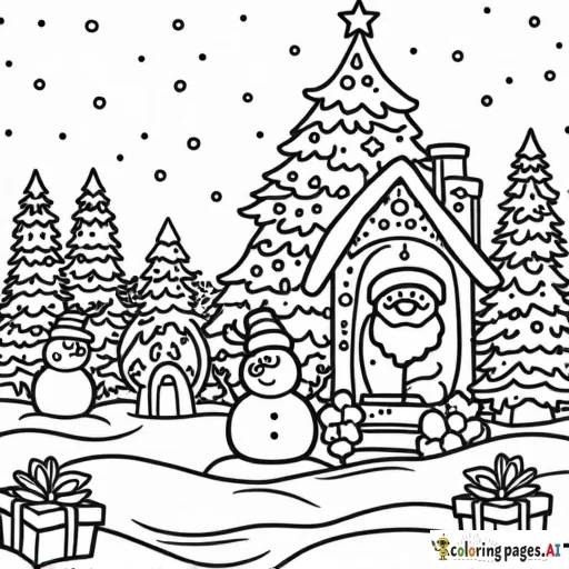 Create black-and-white Christmas line art with clear outlines, featuring Santa, trees, snowmen, presents, and festive elements for coloring in size 768x1024