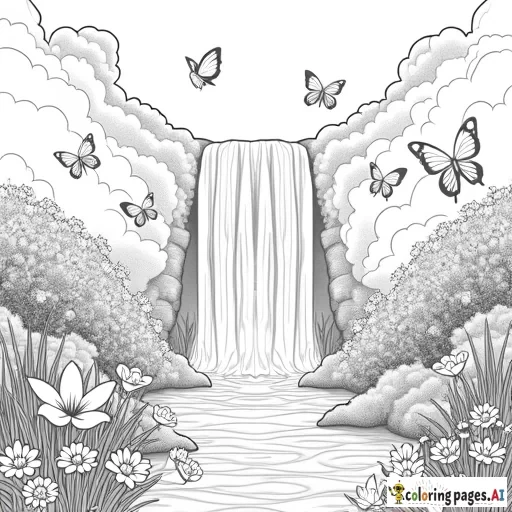 create detailed high definition realistic grayscale coloring page of a beautiful enchanted meadow with waterfall and butterflies