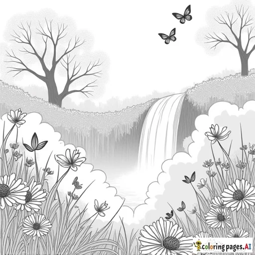 create high definition realistic grayscale coloring page of a beautiful enchanted meadow with waterfall and butterflies
