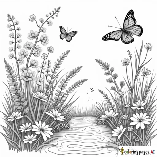 create high definition, realistic, grayscale coloring page of a beautiful enchanted meadow with waterfall and butterflies