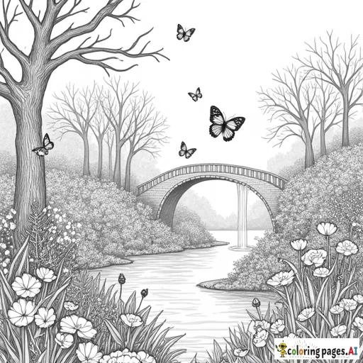 create high quality, realistic, grayscale coloring page of a beautiful enchanted meadow with waterfall and butterflies