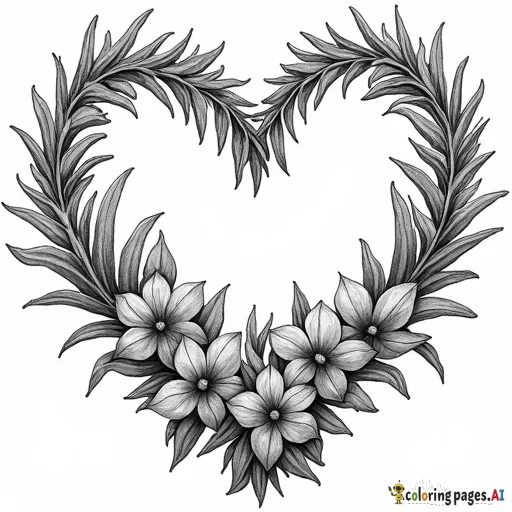 create high quality, realistic, grayscale coloring page of a beautiful enchanted meadow outlined by a boho themed floral heart