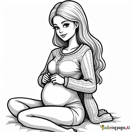 create me a coloring sheet of a pregnant barbie knitting a Christmas sweater for her baby