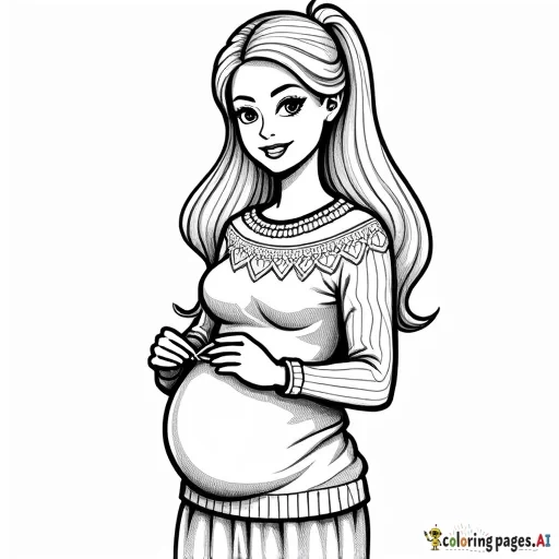 create me a coloring sheet of a pregnant barbie knitting a Christmas sweater for her baby