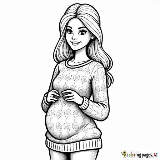 create me a coloring sheet of a pregnant barbie knitting a sweater for her baby during christmas